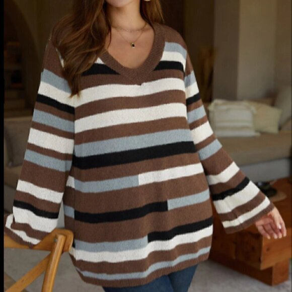 BloomChic Sweaters - BloomChic - V-Neck Striped ColorBlock Long Sleeve Sweater -Sz 22=24
